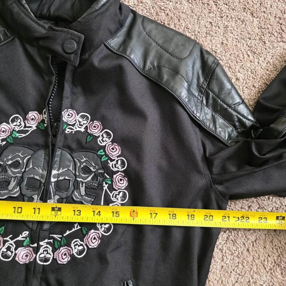 Xelement Skull Moto Jacket Womens L Black Roses Motorcycle Biker Embroidered